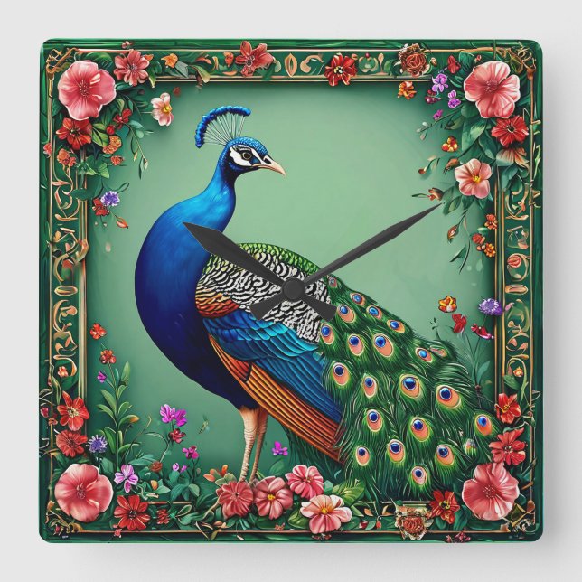 Schöner Pfauenblumenhintergrund Quadratische Wanduhr (Vorderseite)