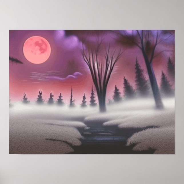 Schöner Pink Mitternacht Foggy Forest Full Moon Poster (Vorne)