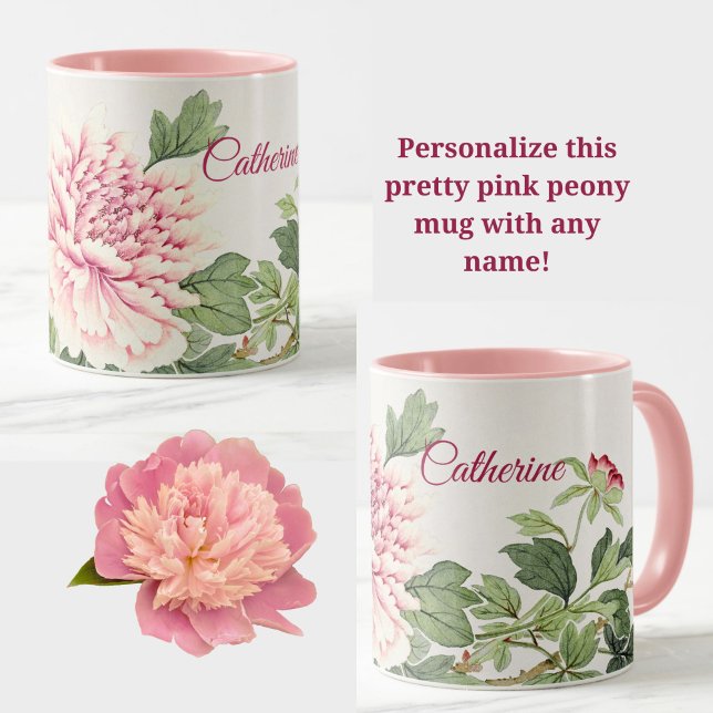 Schöner Pink Peony Romantischer Individuelle Name Tasse (A personalized name mug with a pretty pink peony floral design! Very elegant!)