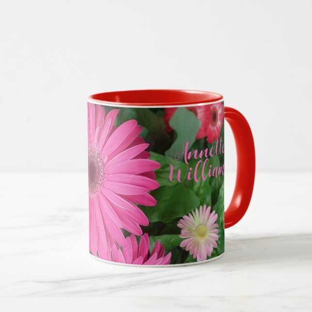 SCHÖNER PINK RED GERBERA BLUME BLUMENTAN UND NAME TASSE (VorderseiteRechts)