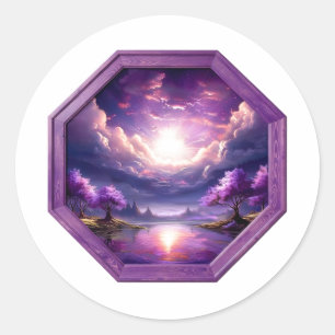 Schöner Rahmen Violette Landschaft mit Spiegelunge Runder Aufkleber