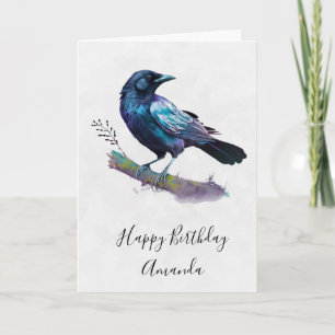 Schöner Raven auf einem Baumzweig zum Geburtstag Karte