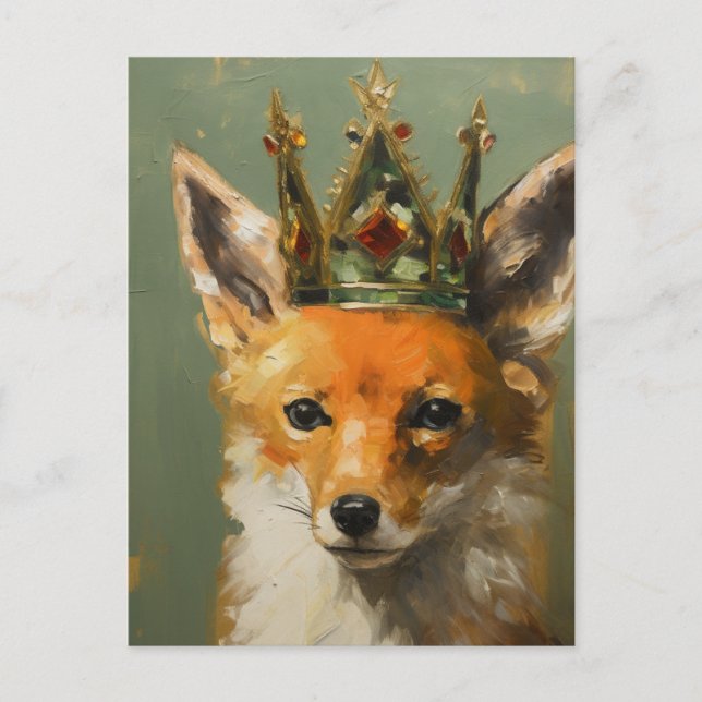 Schöner Red Fox in einer grünen, roten Goldkrone Postkarte (Vorderseite)