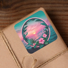 Schöner, rosa-Aquamariner Tropenwald der Blume Quadratischer Aufkleber