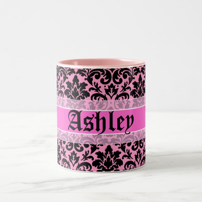 Schöner rosa Damastnamenentwurf Zweifarbige Tasse (Mittel)