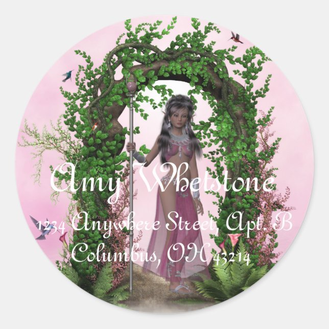 Schöner Rosa Elf unter einem Archway Address Label Runder Aufkleber (Vorderseite)