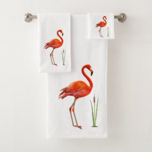 Schöner rosa Flamingo und Schilfpflanze auf Weiß Badhandtuch Set