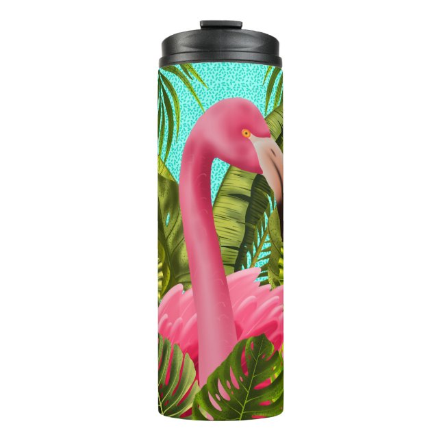 Schöner rosa Heron mit tropischen Blätter Thermosbecher (Vorderseite)