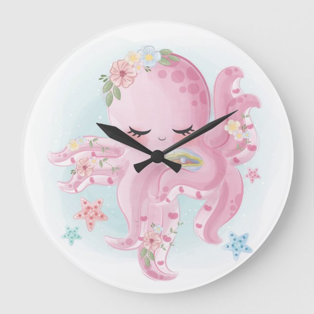 Schöner rosa Oktopus Große Wanduhr (Vorderseite)