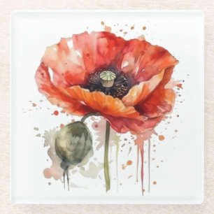 Schöner roter Mohn in Aquarellfarbe Glasuntersetzer