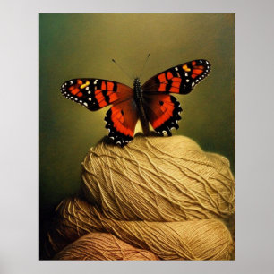 Schöner Roter Schmetterling sitzt im modernen Garn Poster