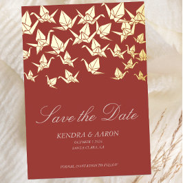 Schöner RotOrigami-Papierkran Save the Date Folieneinladung