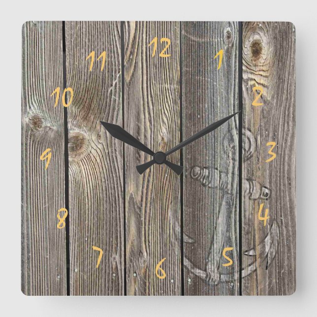 Schöner rustikaler Anker auf authentischem Holz Quadratische Wanduhr (Vorderseite)