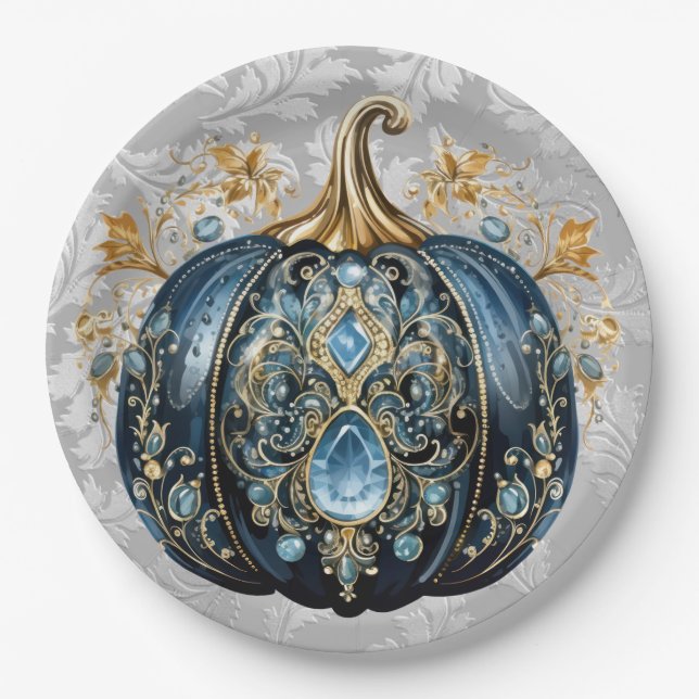 Schöner, schmuckfreier Kürbis in Blau und Gold Pappteller (Vorderseite)
