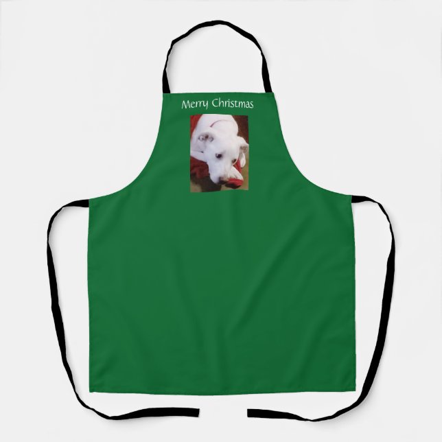 Schöner, schneeweißer Welpenhund Grün Weihnachten Schürze (Vorderseite)