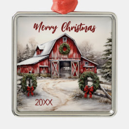 Schöner SchneeWinter Rustikaler Roter Barn Weihnac Ornament Aus Metall