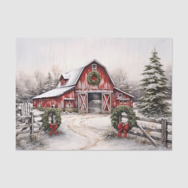 Schöner SchneeWinter Rustikaler Roter Barn Weihnac Seidenpapier (Vorderseite)