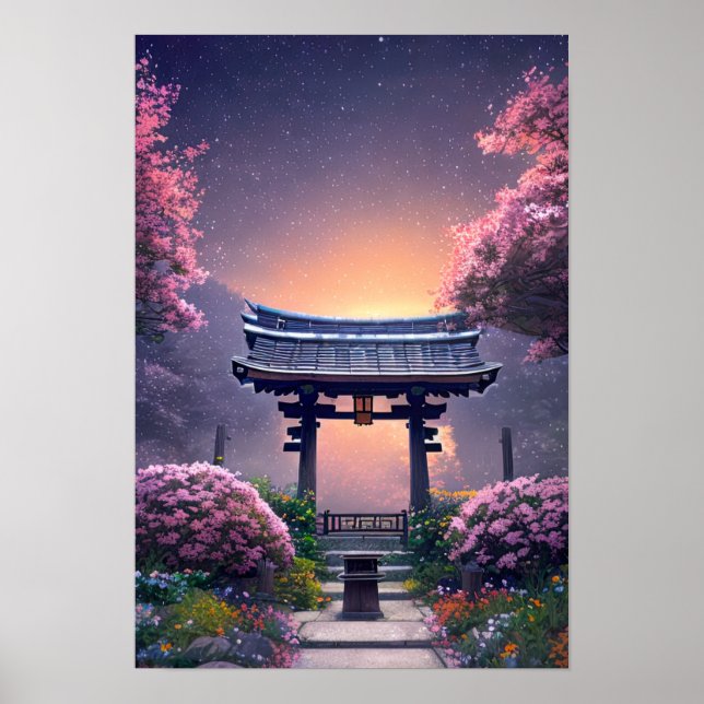 Schöner Schrein bei Sonnenuntergang Poster (Vorne)