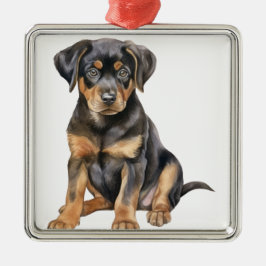 SCHÖNER SCHWARZ & TAN ROTTWEILER PUPPENHUND ORNAMENT AUS METALL