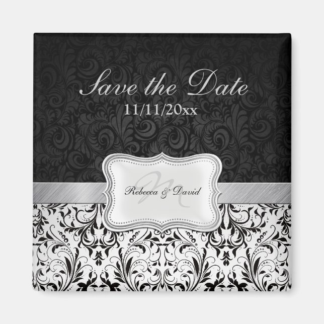 Schöner Schwarz-Weiß-Damast Save the Date Magnet (Vorne)