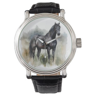 schöner schwarzer Hengst in Aquarellfarbe Armbanduhr