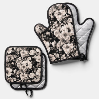 Schöner schwarzer und leichter Sepiaton floral Ofenhandschuh & Topflappen-Set