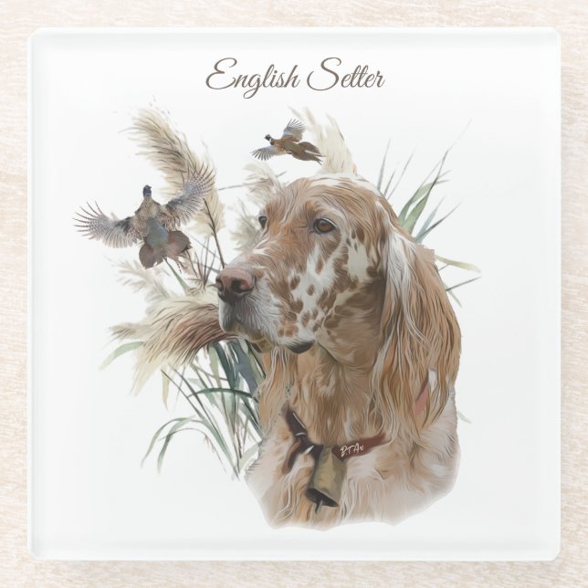 Schöner Setter mit Fasanen, Kunst Glasuntersetzer (Vorderseite)