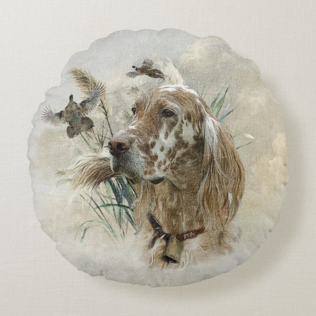 Schöner Setter mit Fasanen, Kunst Rundes Kissen (Vorderseite)
