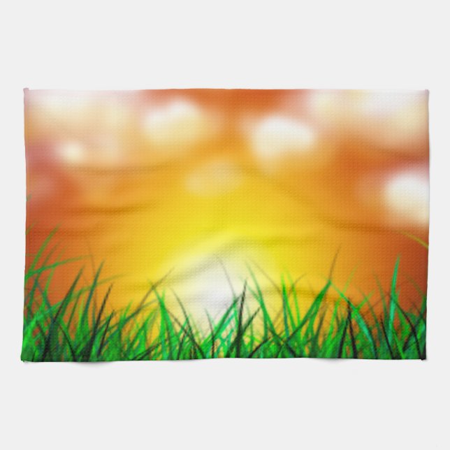 Schöner Sonnenaufgang über einem Grasfeld Geschirrtuch (Horizontal)