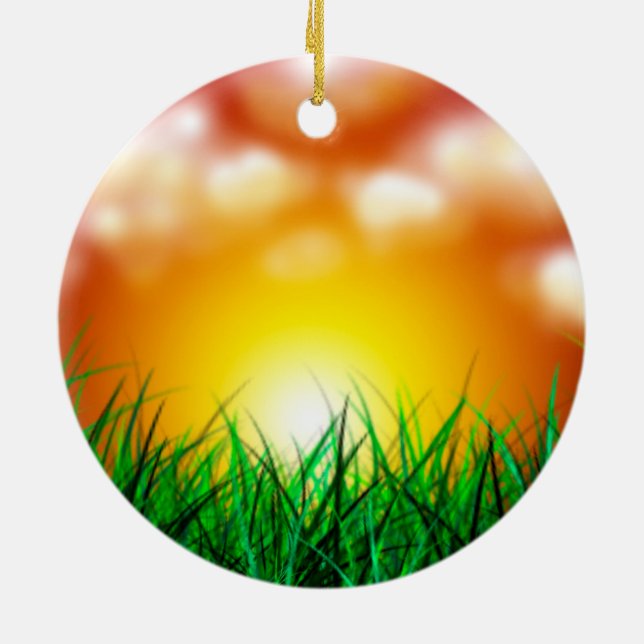 Schöner Sonnenaufgang über einem Grasfeld Keramik Ornament (Hinten)