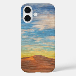 Schöner Sonnenaufgang über Sanddünen auf Holz iPhone 16 Hülle