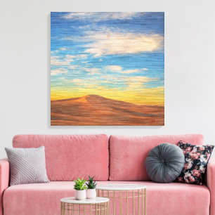 Schöner Sonnenaufgang über Sanddünen auf Holz Leinwanddruck