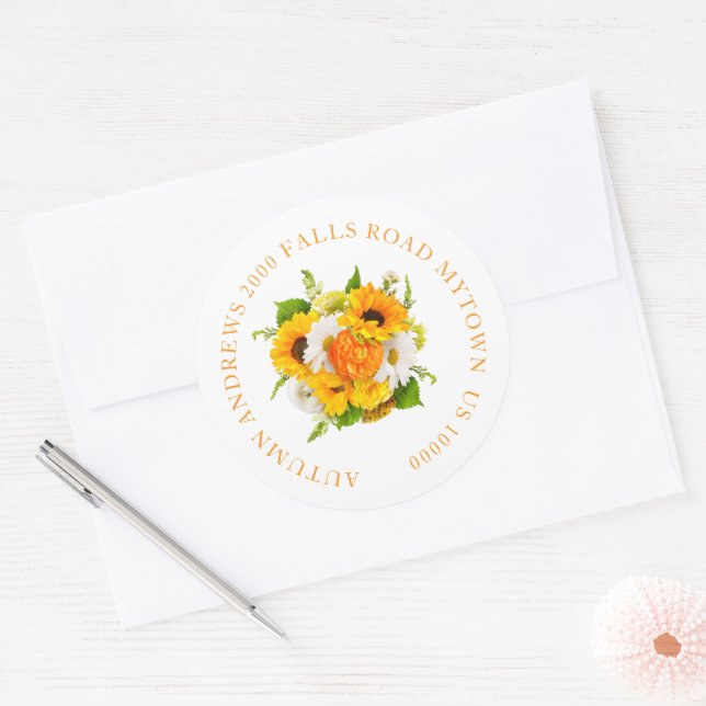 SCHÖNER SONNENBLUMENNAME UND -ADRESSE RUNDER AUFKLEBER (Umschlag)