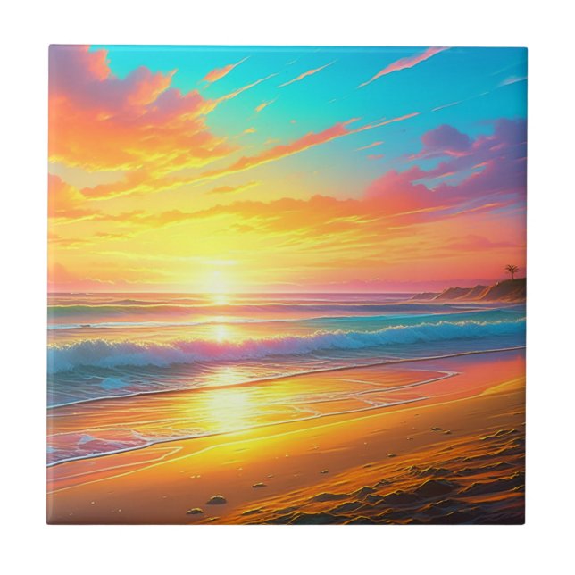 Schöner Sonnenuntergang am Strand von Sandy Beach Fliese (Vorderseite)