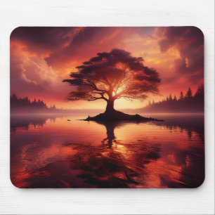 Schöner Sonnenuntergang mit Baumbestand im Grünen Mousepad