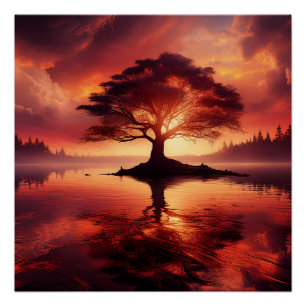 Schöner Sonnenuntergang mit Baumbestand im Grünen Poster