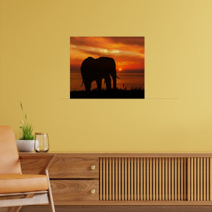Schöner Sonnenuntergang mit Silhouette eines Elefa Poster