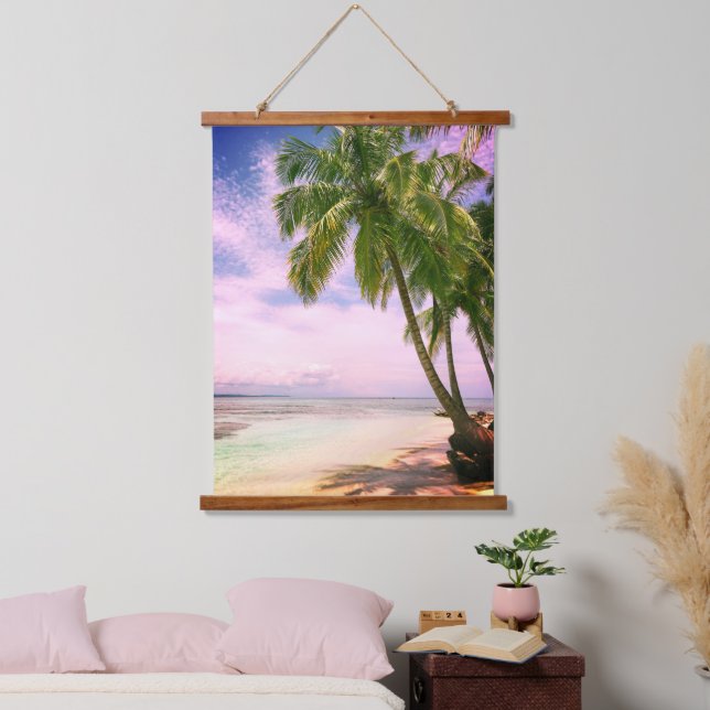 Schöner Sonnenuntergang, Sandstrand, Palmen Wandteppich Mit Holzrahmen (Schlafzimmer)