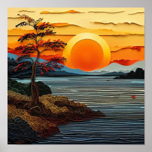 Schöner Sonnenuntergang über dem Fluss mit Blume Poster (Vorne)