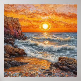 Schöner Sonnenuntergang über dem Ozean mit Wellen Poster