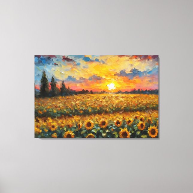 Schöner Sonnenuntergang über dem Sonnenblumenfeld Leinwanddruck (Vorderseite)