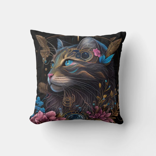 Schöner Steampunk Maine Coon mit Blume KI Art Kissen (Vorderseite)