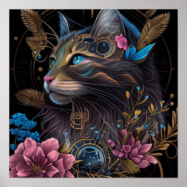 Schöner Steampunk Maine Coon mit Blume KI Art Poster (Vorne)