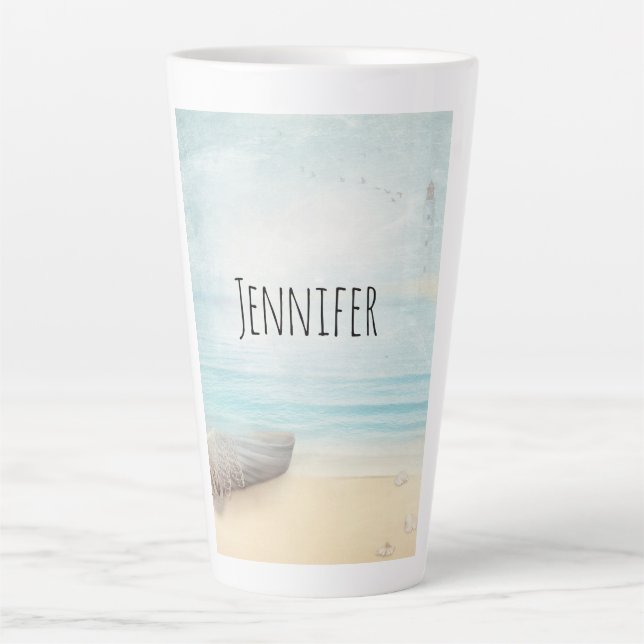Schöner Strand mit Rowboat & Fishing Net Milchtasse (Vorderseite)