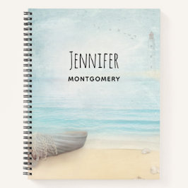 Schöner Strand mit Rowboat & Fishing Net Notizbuch