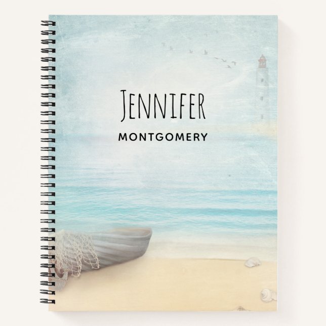 Schöner Strand mit Rowboat & Fishing Net Notizbuch (Vorderseite)