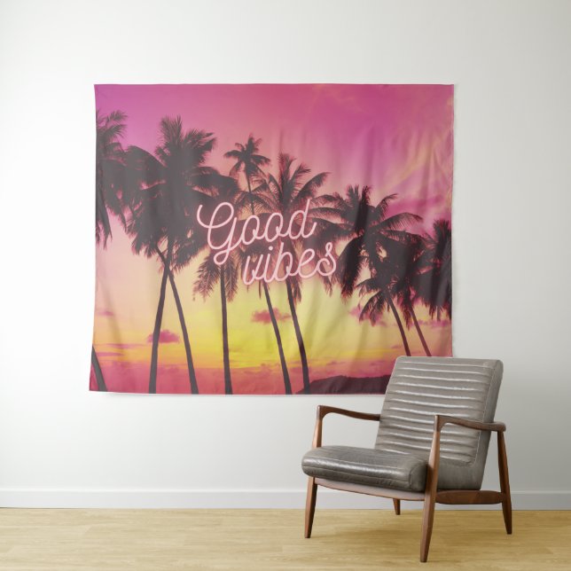 Schöner tropischer Pink-Sonnenuntergang Palme Tree Wandteppich (Beispiel (Horizontal))