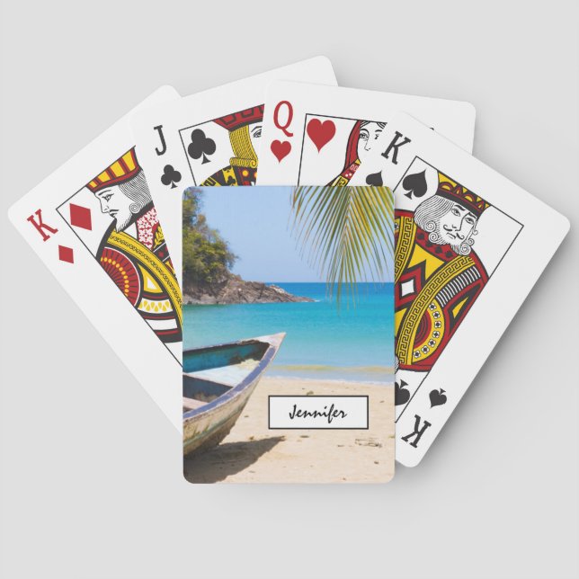 Schöner tropischer Strand mit einem alten Rowboat Spielkarten (Rückseite)