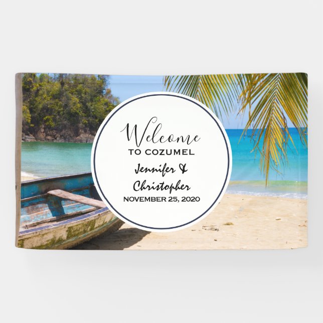 Schöner tropischer Strand mit einer Rowboat-Hochze Banner (Horizontal)
