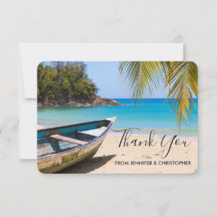 Schöner tropischer Strand mit einer Rowboat-Hochze Dankeskarte